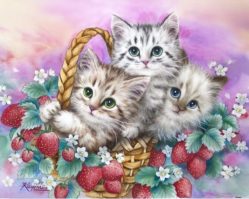 H1682 Котята в корзине с клубникой